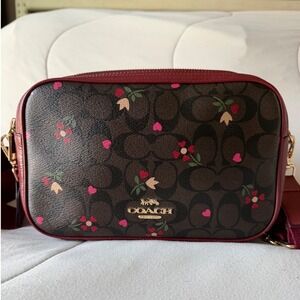Coach Jamie Camera Bag Signature Canvas Heart Floral Crossbody C7617 Burgundy